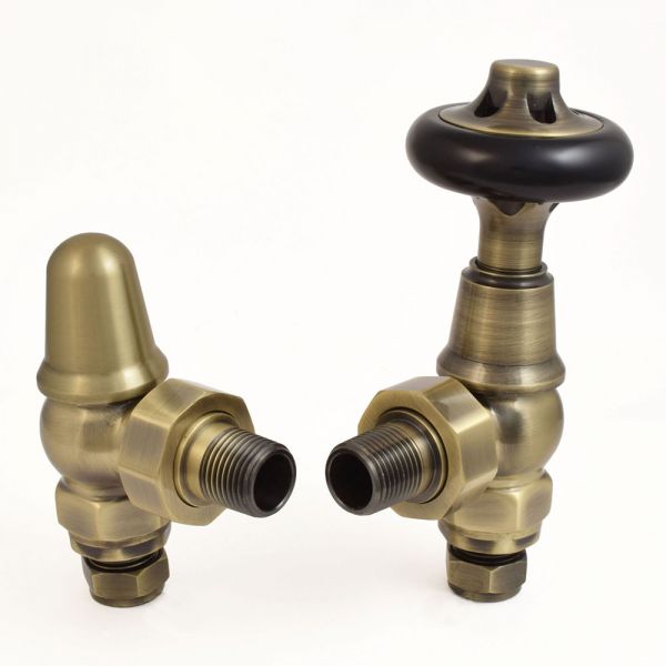 Paladin Balmoral Antique Brass Angled Thermostatic Radiator Valves