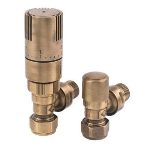 Rads 2 Rails Finchley Antique Brass Angled Thermostatic Radiator Valves