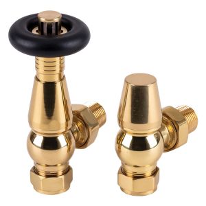 Rads 2 Rails Temple Polished Brass Angled Thermostatic Radiator Valves