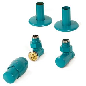 Terma Vario Royal Matt Teal Angled Thermostatic Radiator Valves with Pipe Cover Set