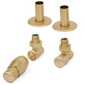 Terma Vario Royal Brass Angled Thermostatic Radiator Valves with Pipe Cover Set