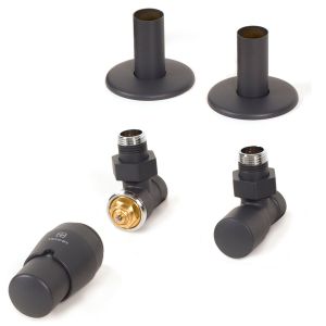 Terma Vario Royal Modern Grey Angled Thermostatic Radiator Valves with Pipe Cover Set