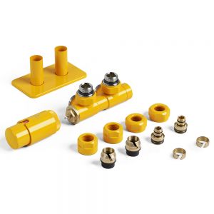 Terma Vario Hex Mustard Yellow Angled 50mm H Block Thermostatic Radiator Valve Left Sided