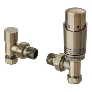 Terma Cylindrical Antique Brass Angled Thermostatic Radiator Valves