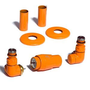 Terma Vario Vision 3 Axis Orange Corner Thermostatic Radiator Valves Left Sided with Pipe Cover Set