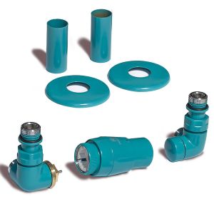 Terma Vario Vision 3 Axis Teal Corner Thermostatic Radiator Valves Left Sided with Pipe Cover Set