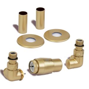 Terma Vario Vision 3 Axis Brass Corner Thermostatic Radiator Valves Left Sided with Pipe Cover Set