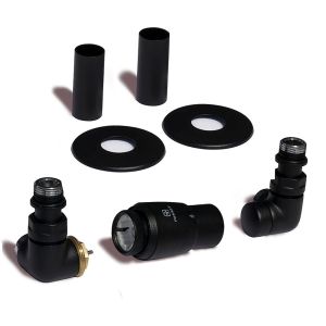 Terma Vario Vision 3 Axis Black Corner Thermostatic Radiator Valves Left Sided with Pipe Cover Set