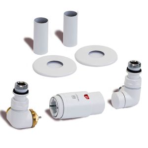 Terma Vario Vision 3 Axis White Corner Thermostatic Radiator Valves Left Sided with Pipe Cover Set