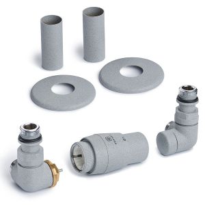 Terma Vario Vision 3 Axis Salt n Pepper Corner Thermostatic Radiator Valves Left Sided with Pipe Cover Set