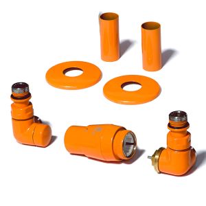 Terma Vario Vision 3 Axis Orange Corner Thermostatic Radiator Valves Right Sided with Pipe Cover Set