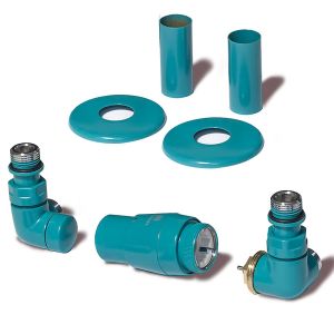 Terma Vario Vision 3 Axis Teal Corner Thermostatic Radiator Valves Right Sided with Pipe Cover Set