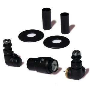 Terma Vario Vision 3 Axis Black Corner Thermostatic Radiator Valves Right Sided with Pipe Cover Set