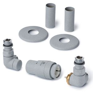 Terma Vario Vision 3 Axis Salt n Pepper Corner Thermostatic Radiator Valves Right Sided with Pipe Cover Set