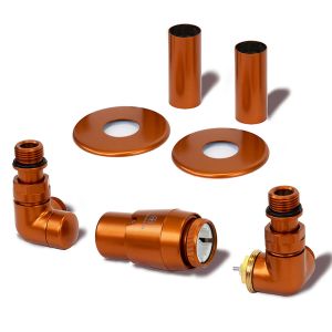 Terma Vario Vision 3 Axis True Copper Corner Thermostatic Radiator Valves Right Sided with Pipe Cover Set