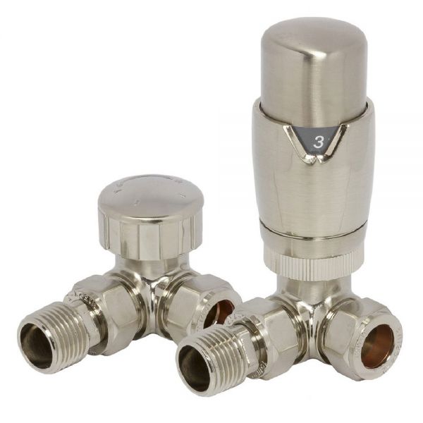 Towelrads Modern Brushed Nickel Corner Thermostatic Radiator Valves