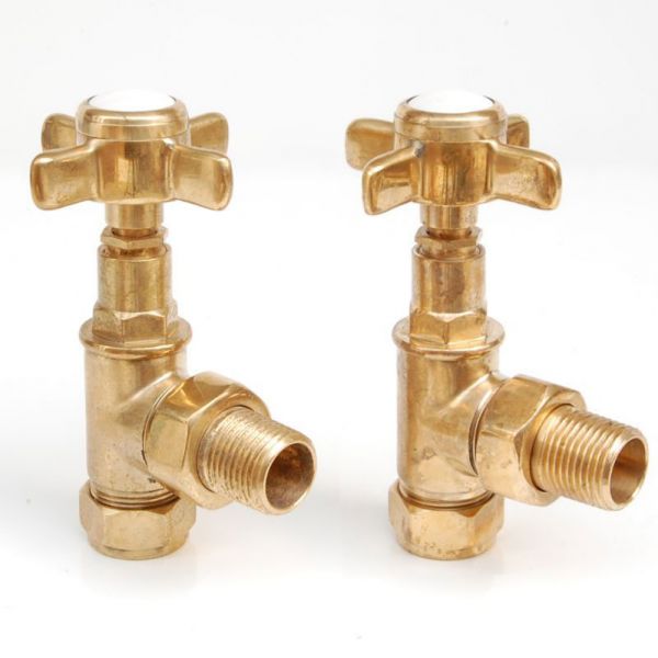 Towelrads Crosshead Unlacquered Brass Angled Manual Radiator Valves